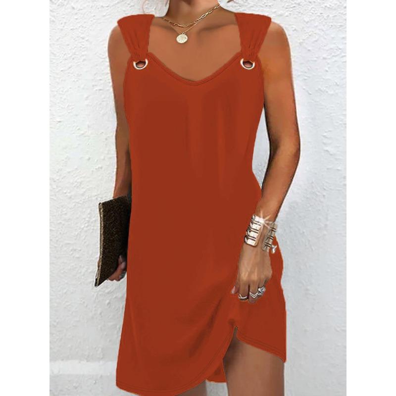 QICED Fashion Summer Spring Solid Color Print Sleeveless V-Neck Casual Dresses
