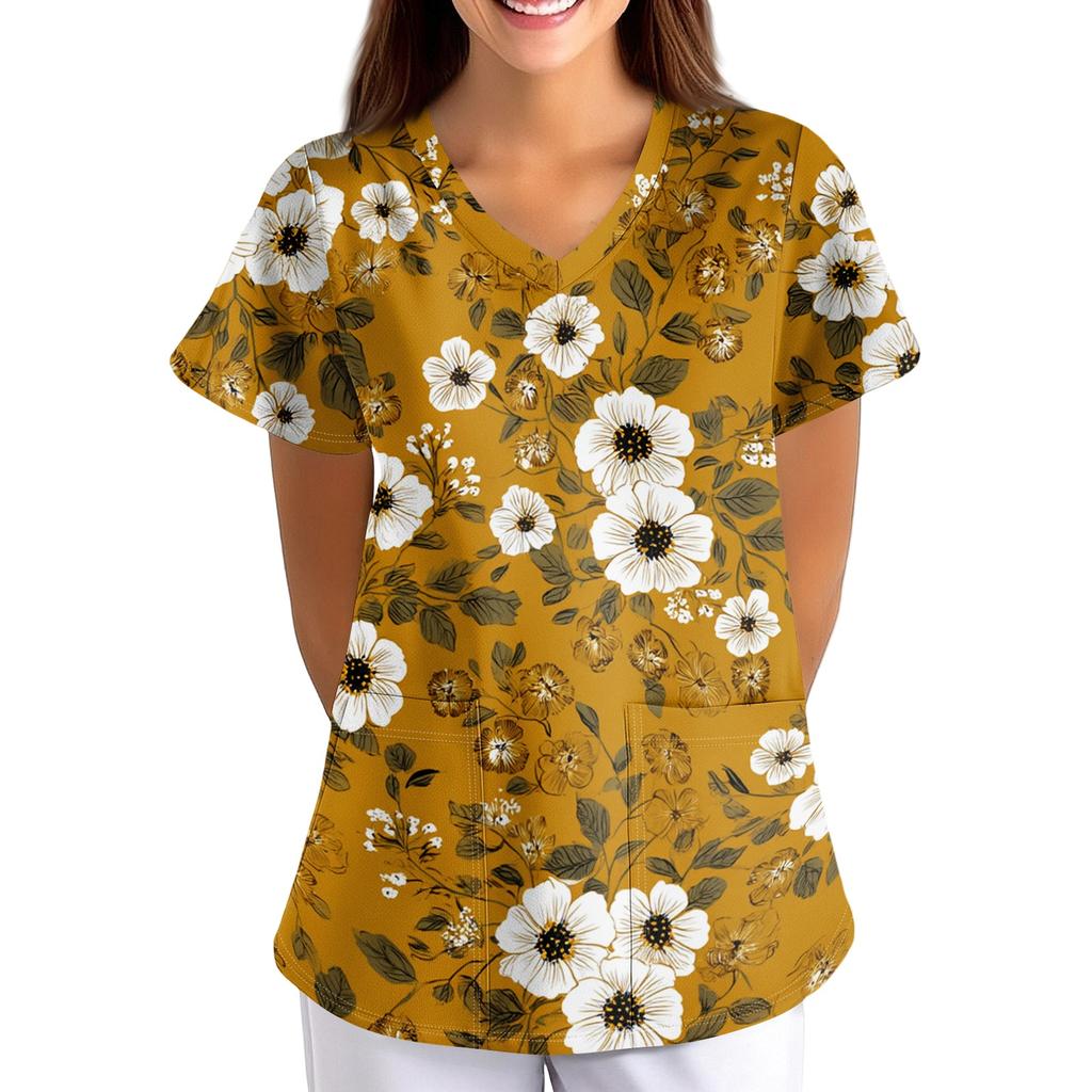 Top da Lavoro Stampato da Donna con Scollo a V, Vestibilità Larga, Manica Corta, con Tasca, Fantasia Floreale, Leggero, Camicia da Uniforme per Infermieri