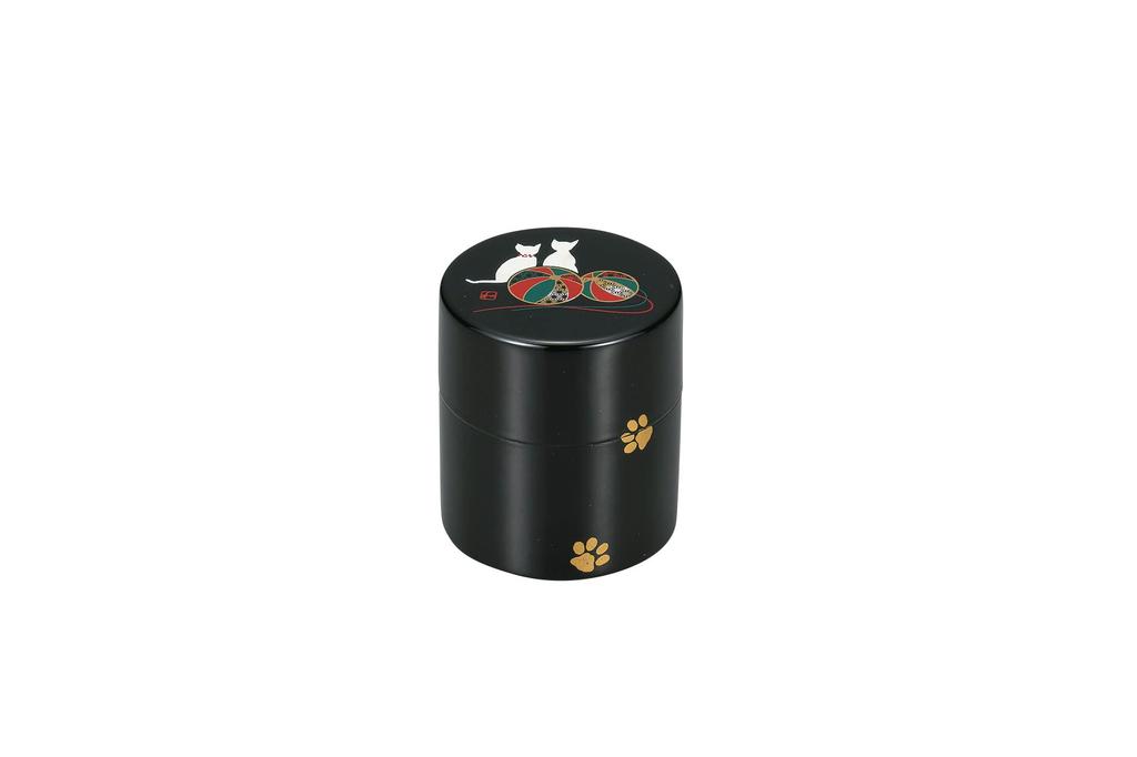 Nakatani Brothers "Yamanaka Lacquerware" Heavy Mini Tea Caddy (Black Lacquer with Inner Lid) Temari Neko Design 36-4111