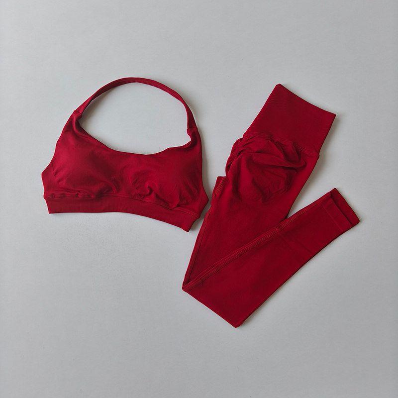 and American Seamless Halter Neck Beauty Back Push-Up Sports Bra and High-Waisted Tight-Fitting Butt-Lifting Fitness Pants Two-Piece Set for Women