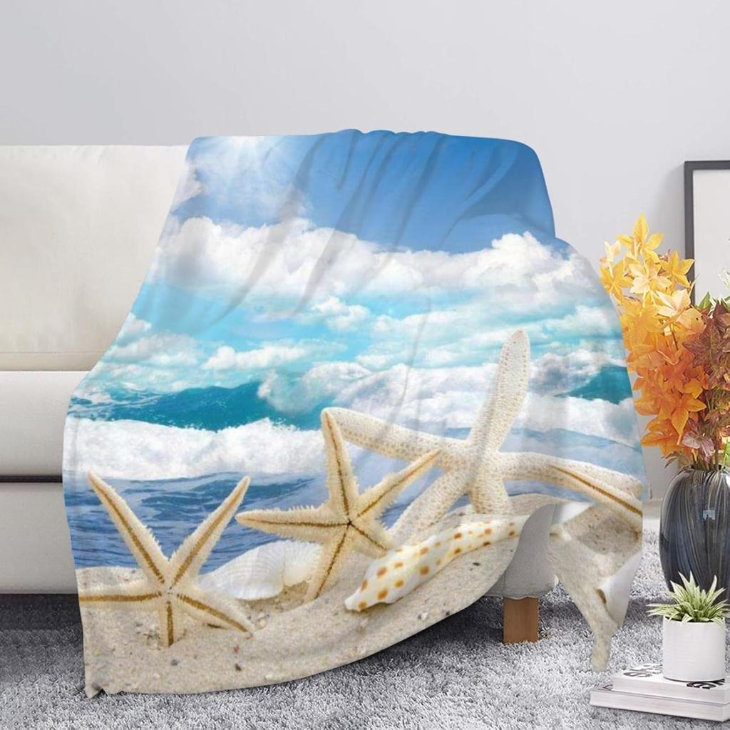 Beach Throw Blanket, Ocean Beach Theme Seashell Travel Blanket for Living Room Sofa Bed Office Soft Cozy Plush Flannel Blanket