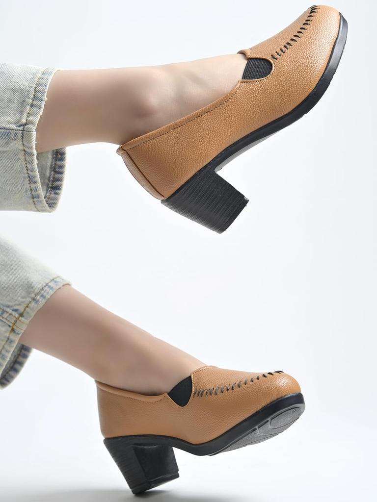 Shoetopia Womens Formal Block Heel Shoes Stylish Office Slip-On Pump Comfortable Footwear Heels