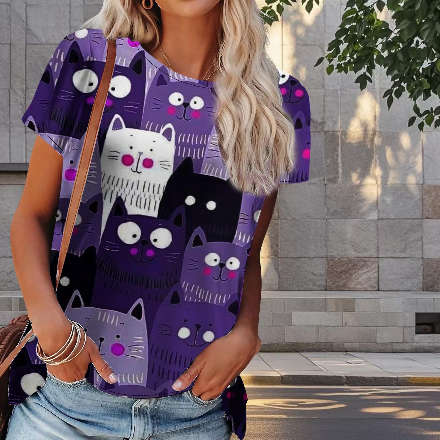 

Женская летняя футболка с принтом котенка в стиле ретро, футболки с коротким рукавом, повседневные топы с принтом M фиолетовый