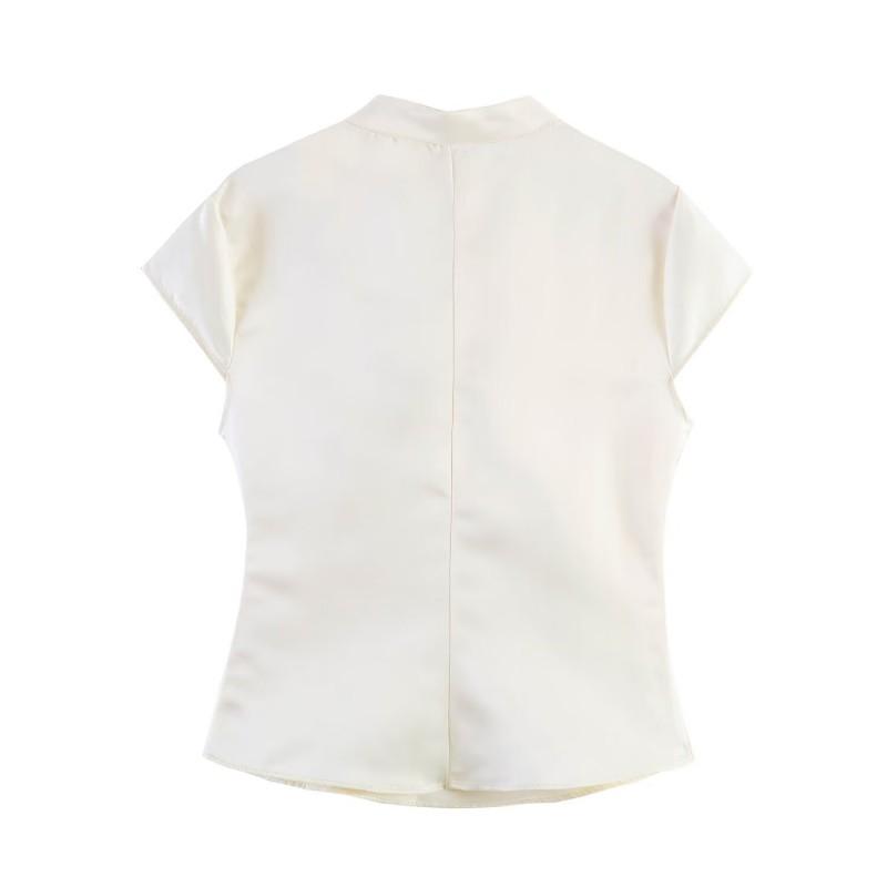 2026 Womens Street Style Satin Top Side Buttons Short Sleeve Stand Collar T Shirt XS-L