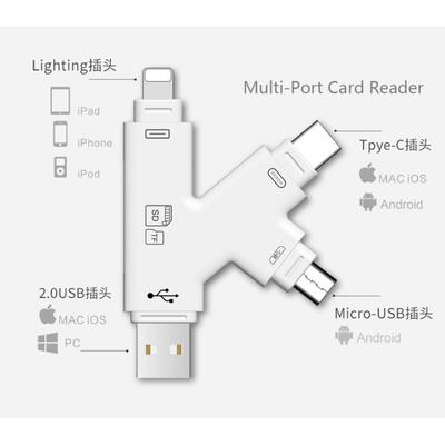 USB 2.0 SD Kart Okuyucu 4'ü 1 Arada Çok Fonksiyonlu Lightning Tip-C USB Mikro USB Arayüzü K Şekli Tasarımı