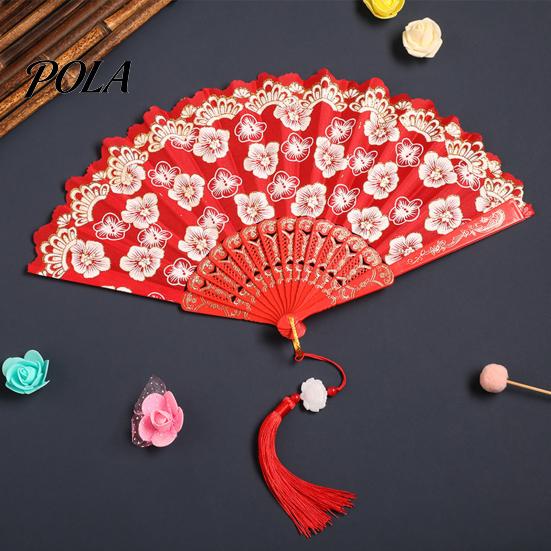 Flower Patterned Fan Retro Lace Folding Portable Lightweight Chinese Dance Handheld Cherry Blossom Compact Travel Pattern Elegant Women's with Tassel