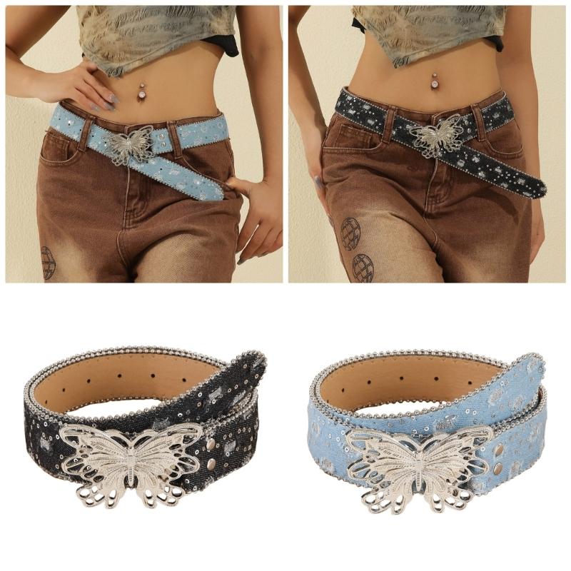 Punk PU Waist Belt for Jean Heavy Duty Hip Hop Belt Waistband Glinting Buckle with Encrusted Butterfly