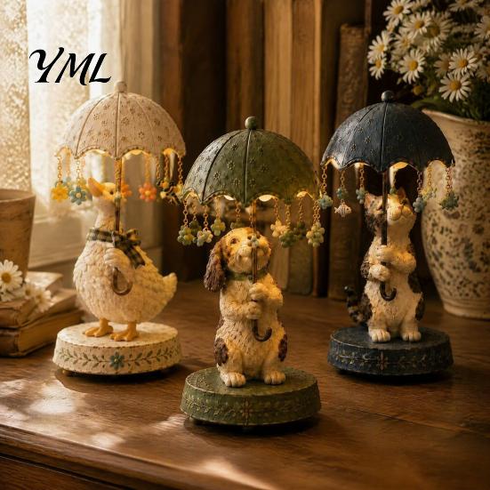 Cute Animal Sculpture Lamp Rotating Umbrella Lamp, Resin Holding Vintage Sculpture, Shape Bedside Light Tabletop Cat Dog Goose Figurine for