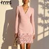 Women's Fashion Spring Fall Solid Color Print Long Sleeve V-Neck High Waist Casual Dresses