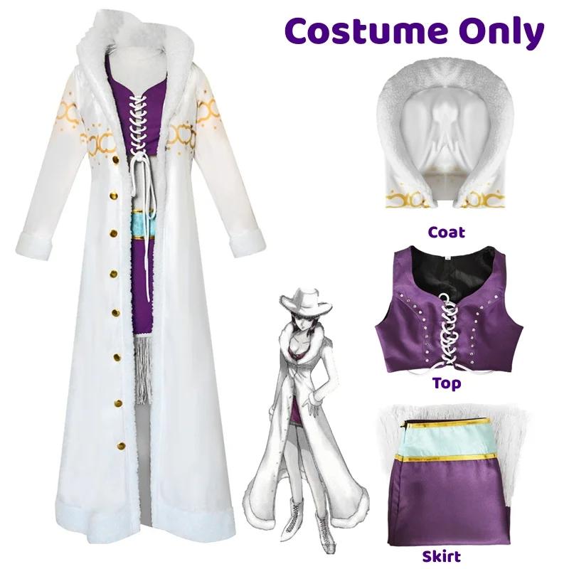 One Piece Nico Robin Costum Cosplay Anime One Piece Rochie Mov Uniformă Guler lung de blană Manta albă Tinuta punk Halloween