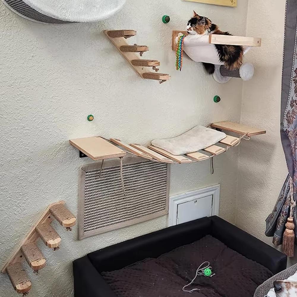 Polite de Cățărare din Lemn pentru Pisici Copac pentru Pisici Montat pe Perete Stâlp de Zgâriat din Sisal Hamac cu Pedale Loc de Joacă pentru Pisoi de Interior Accesorii pentru Pisici