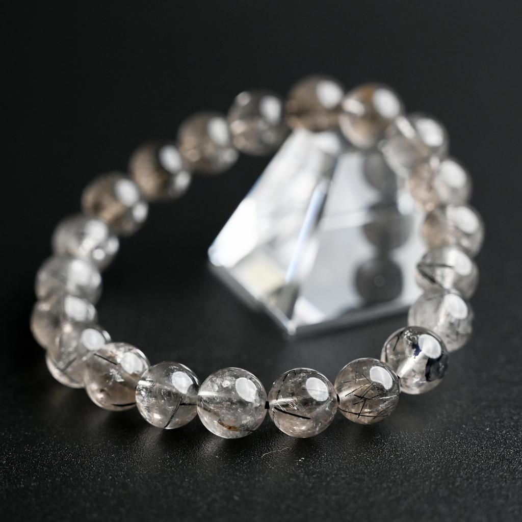 Black Smoky Rutilated Quartz Bracelet Tourmaline In 9mm 16cm Wrist Limited Natural Power Prayer Good Luck Feng Shui [Eigado] (Black Quartz) Stone,