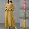 Retro Women O Neck Long Sleeve Solid Color Large Hem Cotton Linen Maxi Dress