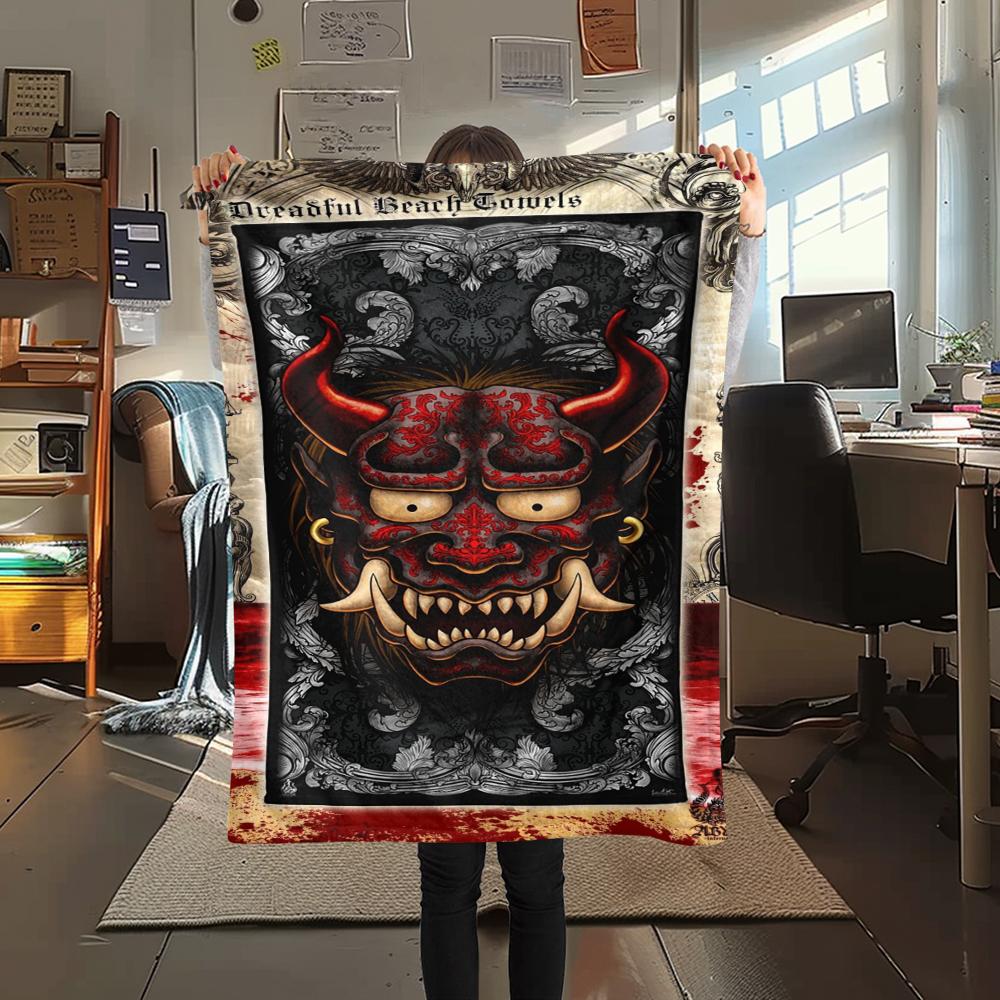 1Pc Hannya Samurai Print Flannel Blanket, High quality Comfortable for All Seasons, Home Decor, Warmth and Comfort, Perfect for Christmas Gifts