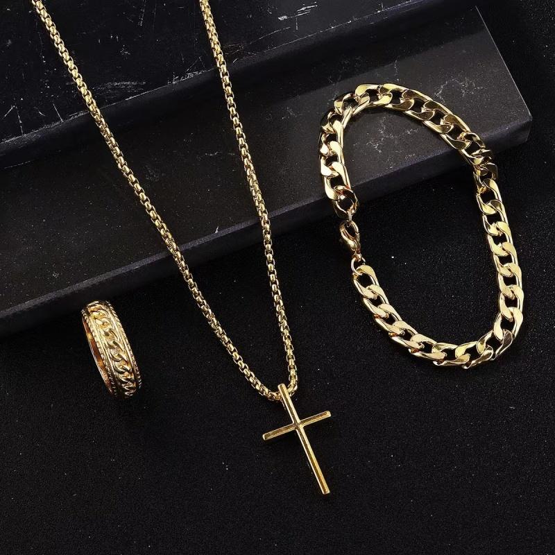 3pcs/set Punk Black Cross Pendant Necklace Thick Chain Bracelet Ring Fashion Zircon Sets Men for Autumn