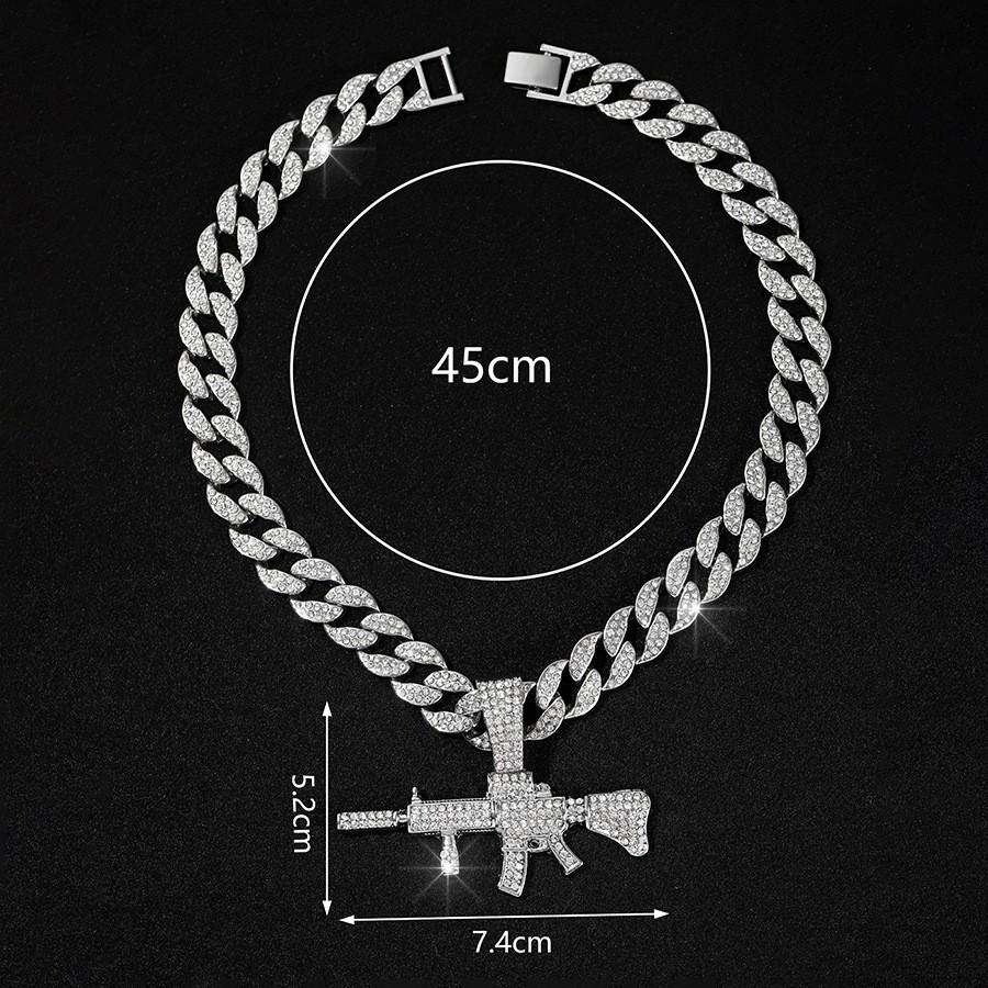 Exaggerated Punk Full Diamond Long Gun Pendant Personalized Street Dance Wear Cuban Chain Nightclub Alloy Gun Necklace