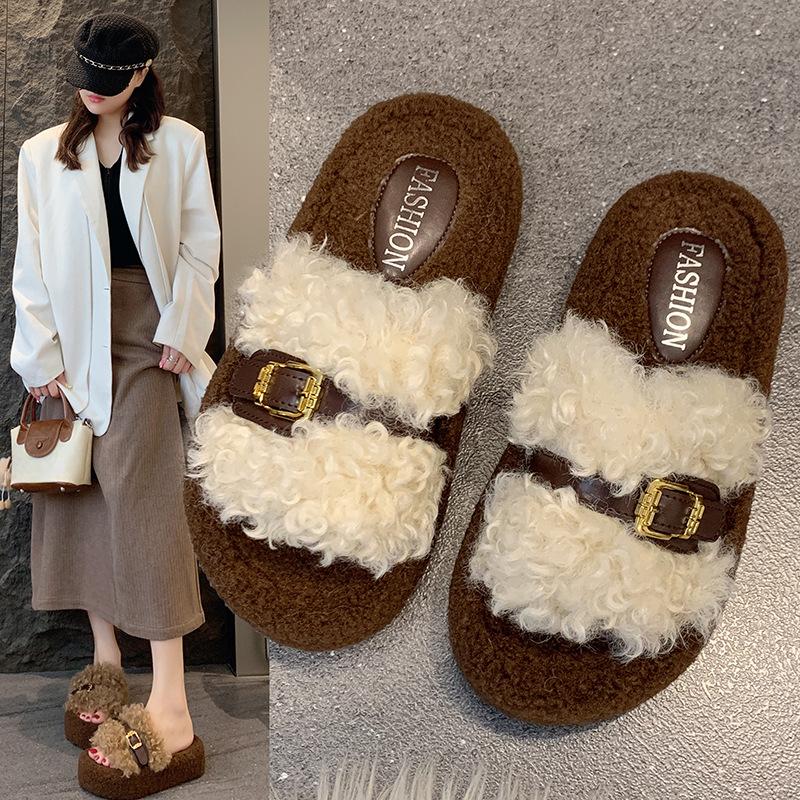 Women's trendy fluffy slippers women's autumn and winter outer wear 2025 new high-end skirt thick-soled lamb plush cotton slippers