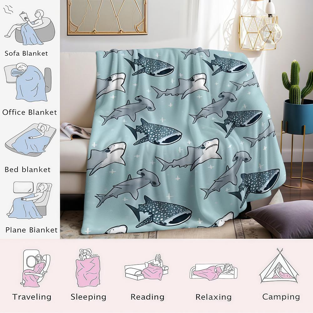 Cartoon Shark School Flannel Blanket Warm Soft Halloween Christmas Couch Warm Cozy Decorative Decor Gift For All Season