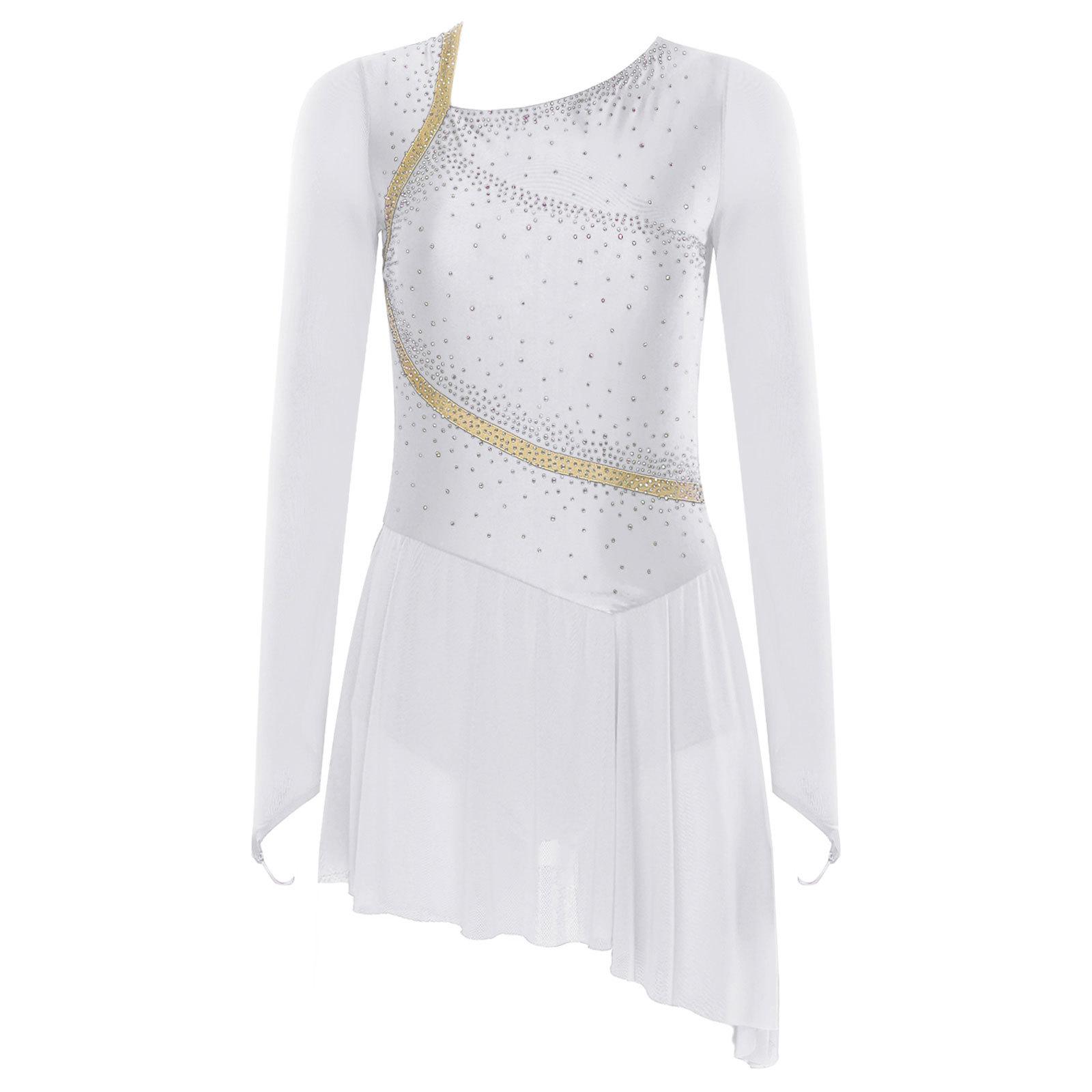 

Жіноча лірична танцювальна сукня Прозора сітка Довгі рукави Відкрита спина Стрази Асиметрична спідниця Сукня для фігурного катання XXL білий