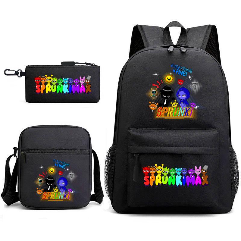 

New Rhythm Box Student School Bag Three-piece Set, Casual Sprunki Backpack Crossbody Bag Pencil Bag 17 inch backpack