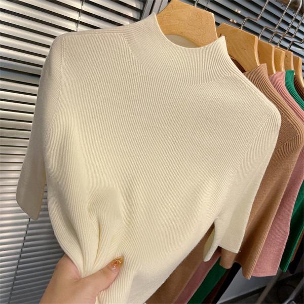 Spring and Autumn thin semi-turtleneck bottoming shirt women's half-sleeved knitted sweater new five-quarter-sleeved slim-fitting foreign-style medium