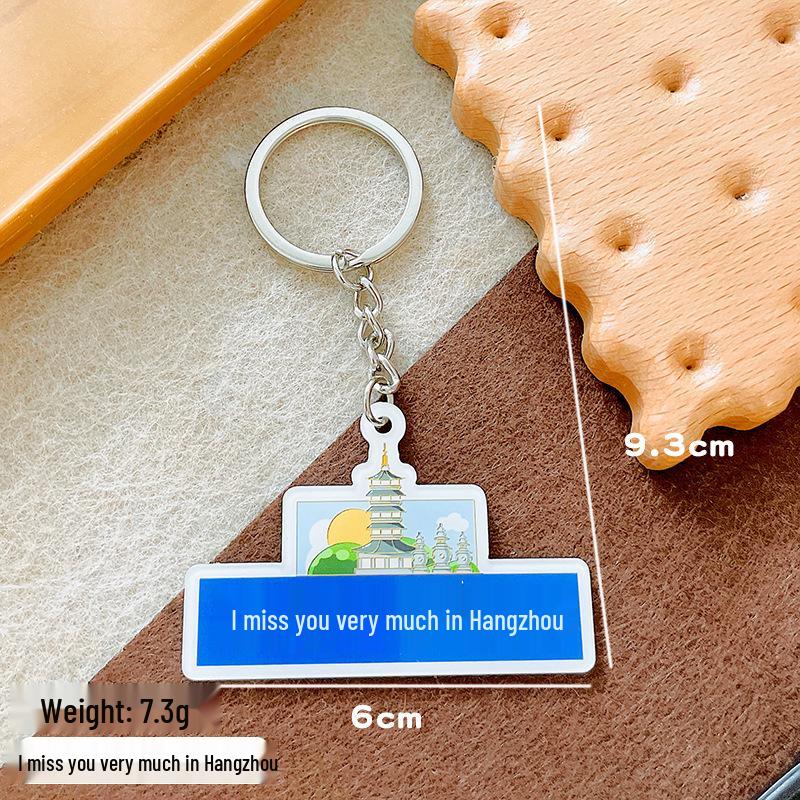 Acrylic Road Sign Keychain with "Where I Am, I Miss You" Message