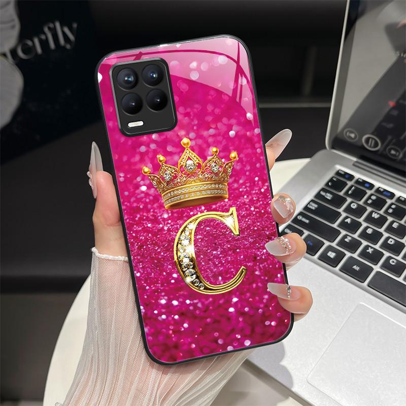 For Realme 8 Case Fashion Letters Hard Tempered Glass Back Cover For Realme 8 Pro 8i Realme8 4G RMX3085 Phone Case Luxury Coque
