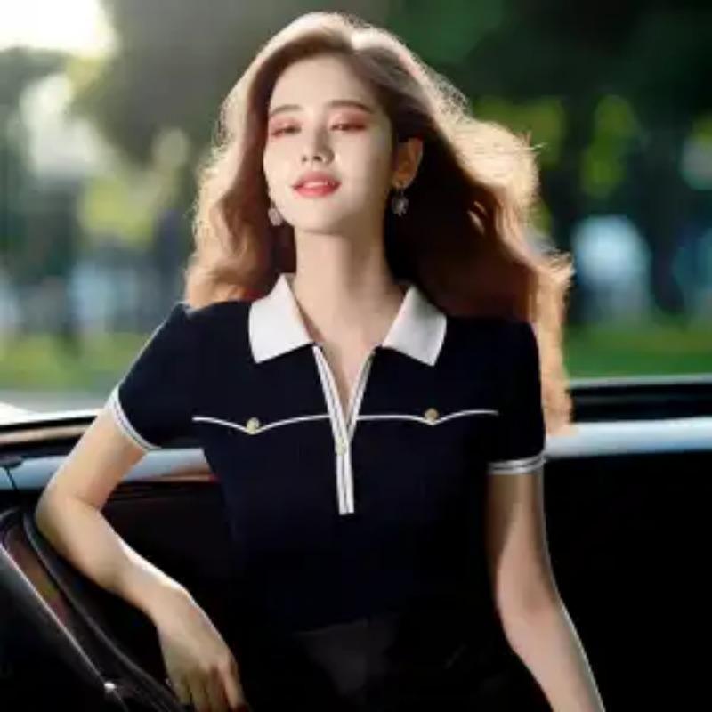Women s Black White Color Block Knit Polo Shirt S