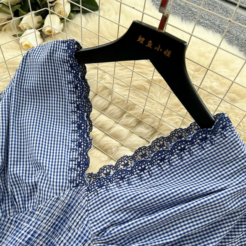 Korean Fashion High-Waisted A-Line Maxi Dress Summer V-Neck Sleeveless Lace-Panel Checkered Elegant Long Dress for Women