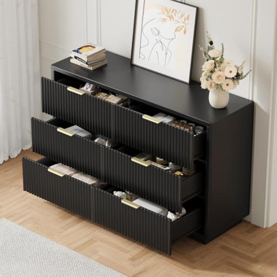 Fluted Dresser for Bedroom with 6 Drawers, 47" W Modern Chest of Drawers with Metal Handles, Wood Dresser TV Stand, Closet Dres
