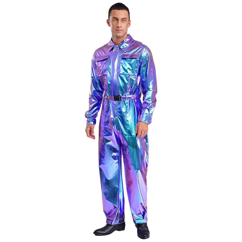 Glanzende Metallic Turn-down Kraag Lange Mouwen Hoge Taille Jumpsuit Heren Halloween Kostuum