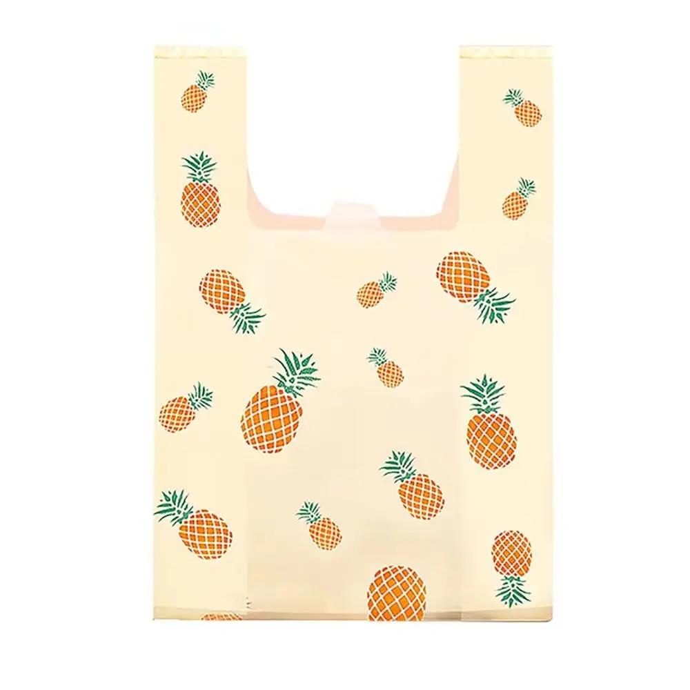 50Pcs New With Handle Plastic Tote Bag Cute Fruit Pattern Colorful Vest Bag Carry Out Bags Food Packaging