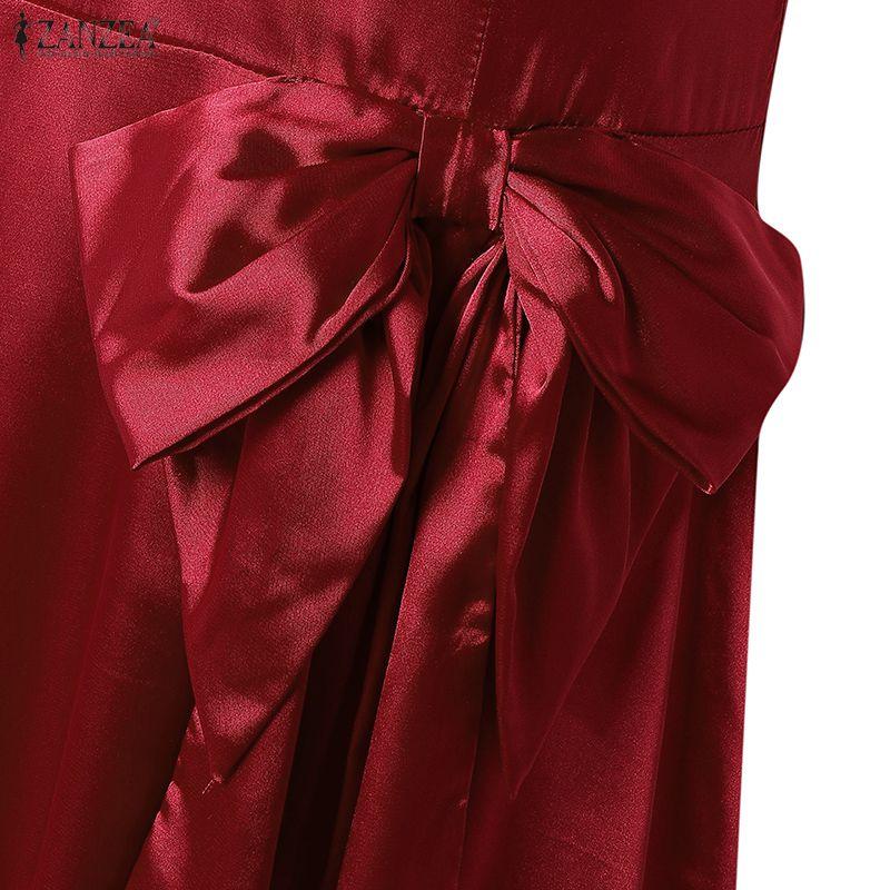 ZANZEA Women Elegant V-Neck Casual Short Sleeve Satin Long Dress