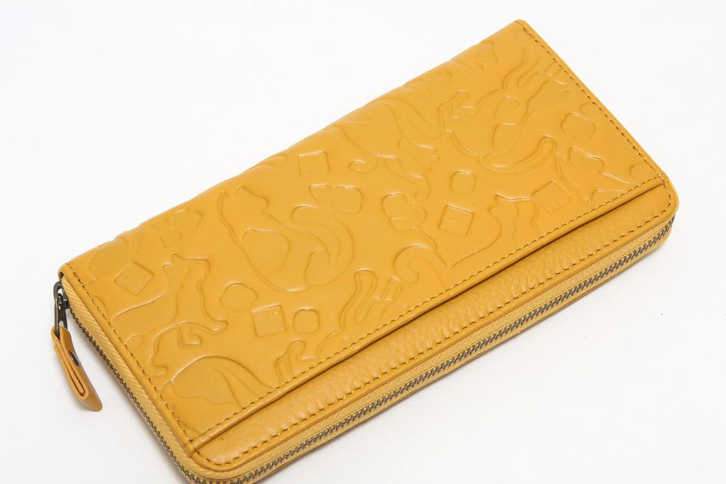Women's cat print long wallet with round zipper, coin purse, and bill compartment, by Shuhei Nomura, yellow