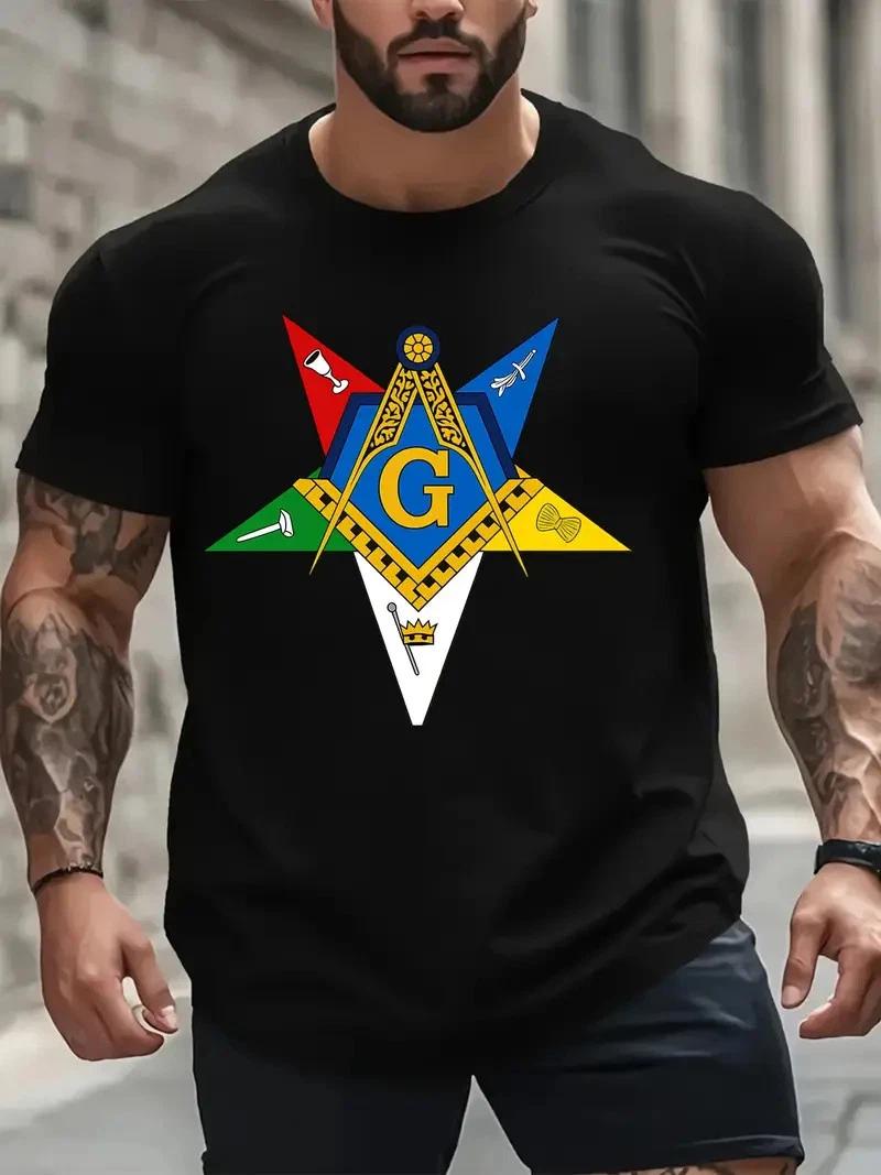 Plus Size Men s Masonic Eastern Star Symbol T-Shirt - Black with Vibrant Color M S