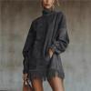 Retro Wildleder Mini-Kleid für Damen Langarm Hoher Kragen Taschen Fransen Saum Boho Kleid Herbst Elegant High Street Kleider