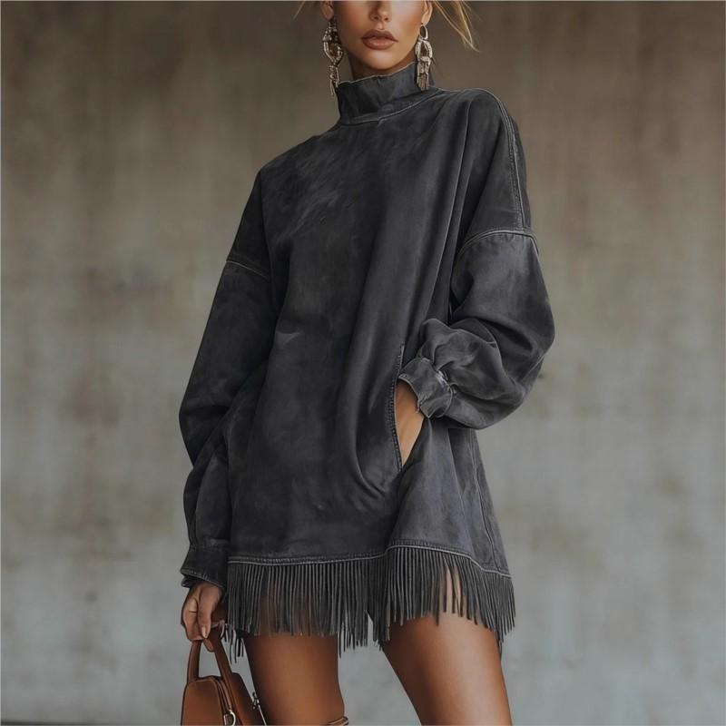 Retro Wildleder Mini-Kleid für Damen Langarm Hoher Kragen Taschen Fransen Saum Boho Kleid Herbst Elegant High Street Kleider