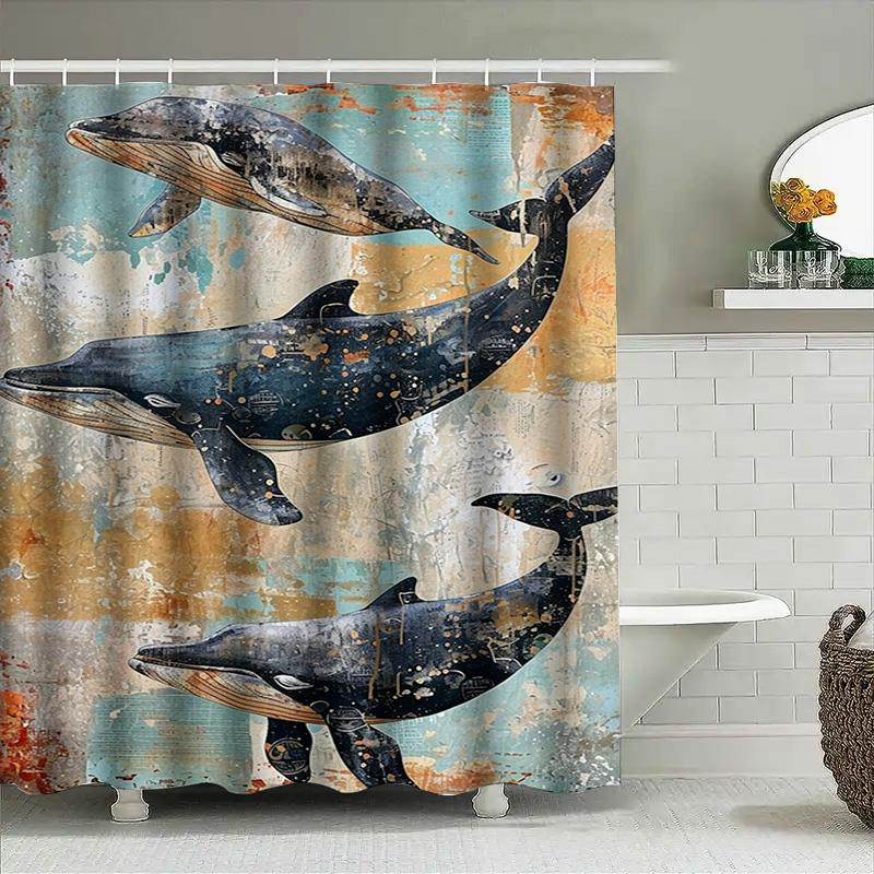 3D Printed Whales Bath Shower Curtain Waterproof Non-Slip Decorative Ocean Life Print For Bathroom