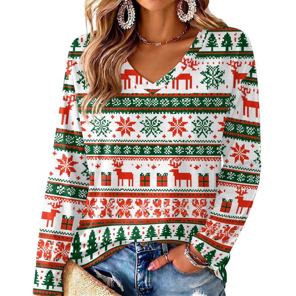 Women's V-Neck Long Sleeve Christmas Printed Lightweight Top for Spring and Summer