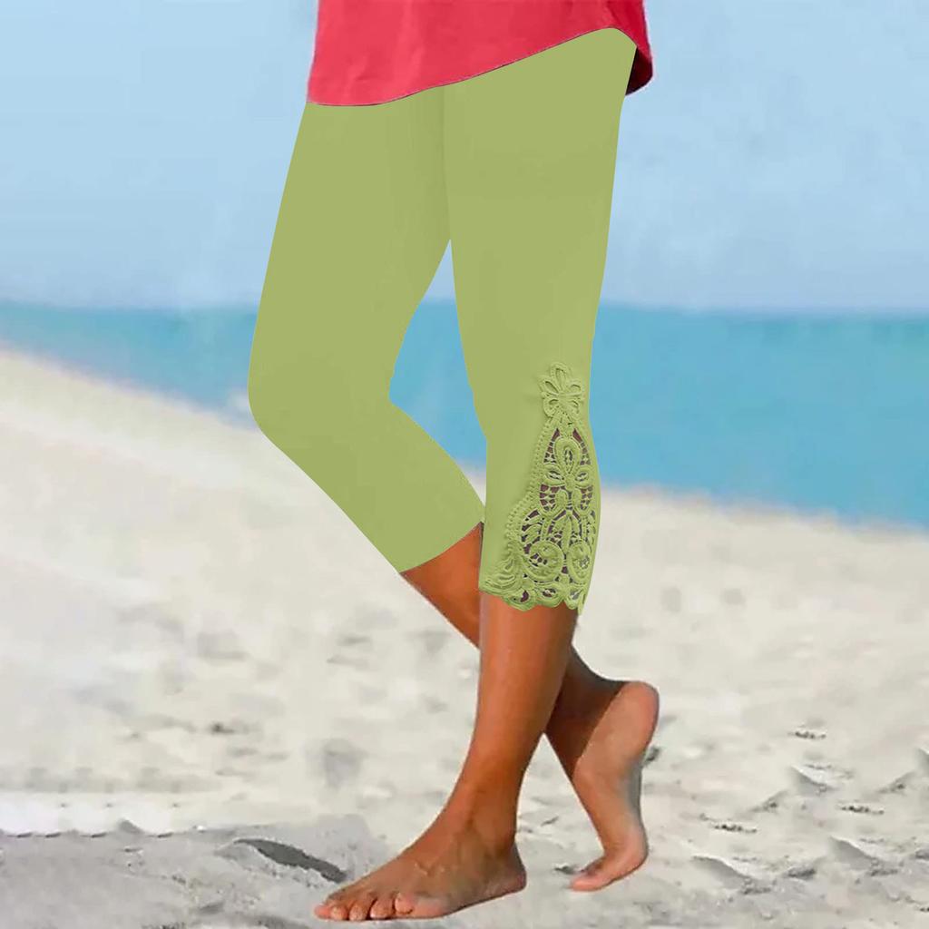 Women's Casual Stretch Leggings Lace Stitching Cutout Cropped Pants