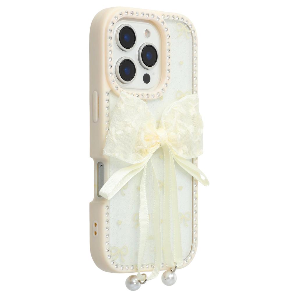 For iPhone 16 Pro Max Case Two Bow Epoxy Design TPU+PC Phone Back Cover Rhinestone Decor