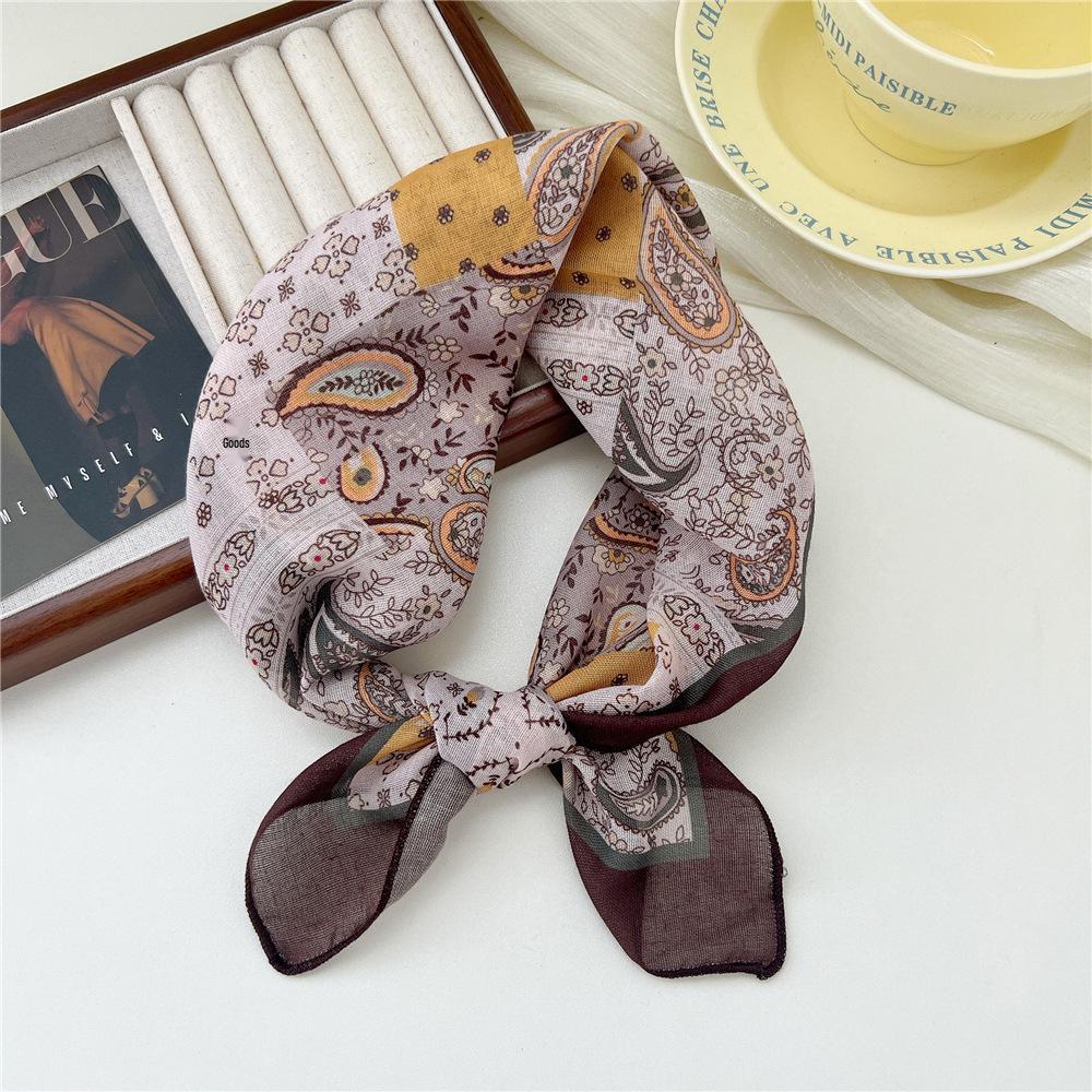 58 Cashew Silk Small Square Scarf: Korean Style Cotton Linen Printed Headscarf and Hairband for Women, Ideal for Spring, Summer, and Autumn.