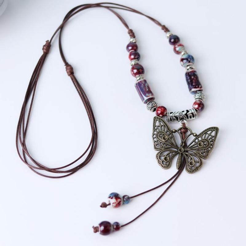 Fashion Ceramic Bead Choker Necklace Butterfly Pendant Necklace Jewelry Vintage Clavicle Chain Necklace Sweater Chain