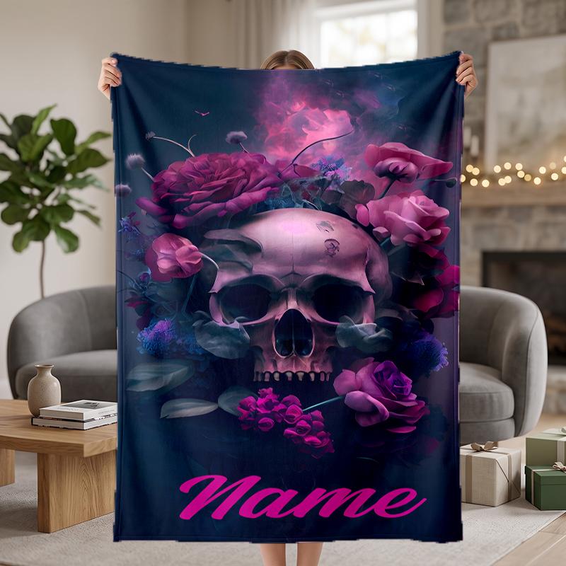 Flowers Skull Custom Flannel Blankets Soft Warm Cozy Throws for Home Decor Holiday Gifts
