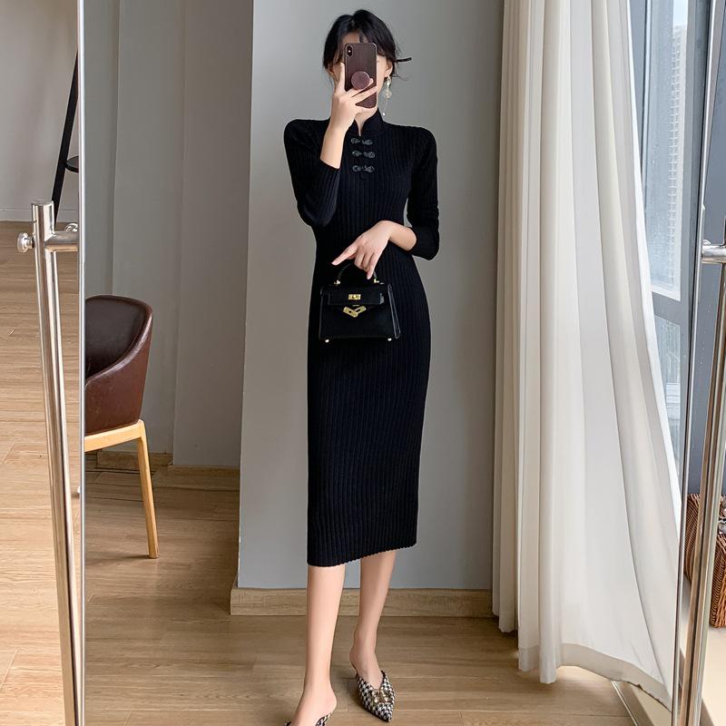 

Осенне-зимнее ретро китайское чонсам трикотажное платье с длинным рукавом для женщин Medium чёрный