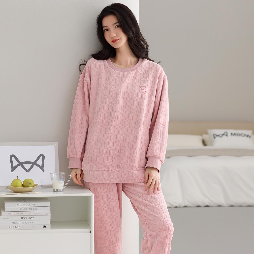 Flannel Pajamas Women'S Autumn And Winter Fleece Thickened Warm Suit Sweet Coral Fleece Loungewear