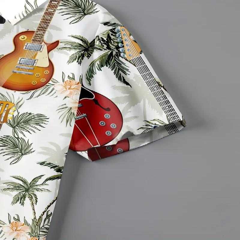 Frühlings- und Sommer-Herrenmode Hemd mit modischem Kragenmuster und kurzen Ärmeln, gepaart mit modischem Gitarrenprint, geeignet für Sommer- und Freizeitkleidung