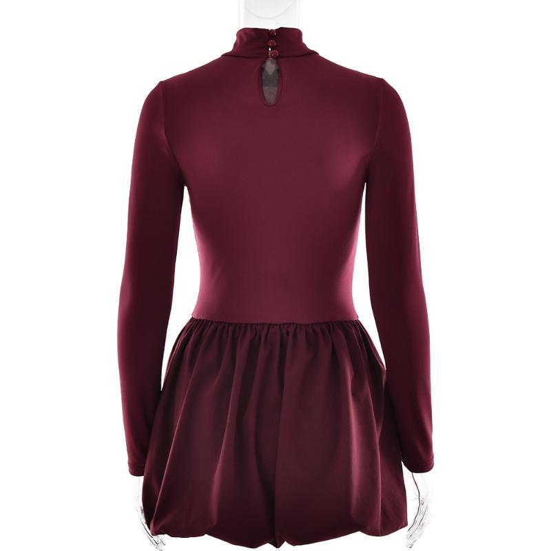 Elegant and Slim Fit Sexy High Neck Long Sleeved Pleated A-line Skirt Dress from Europe and America
