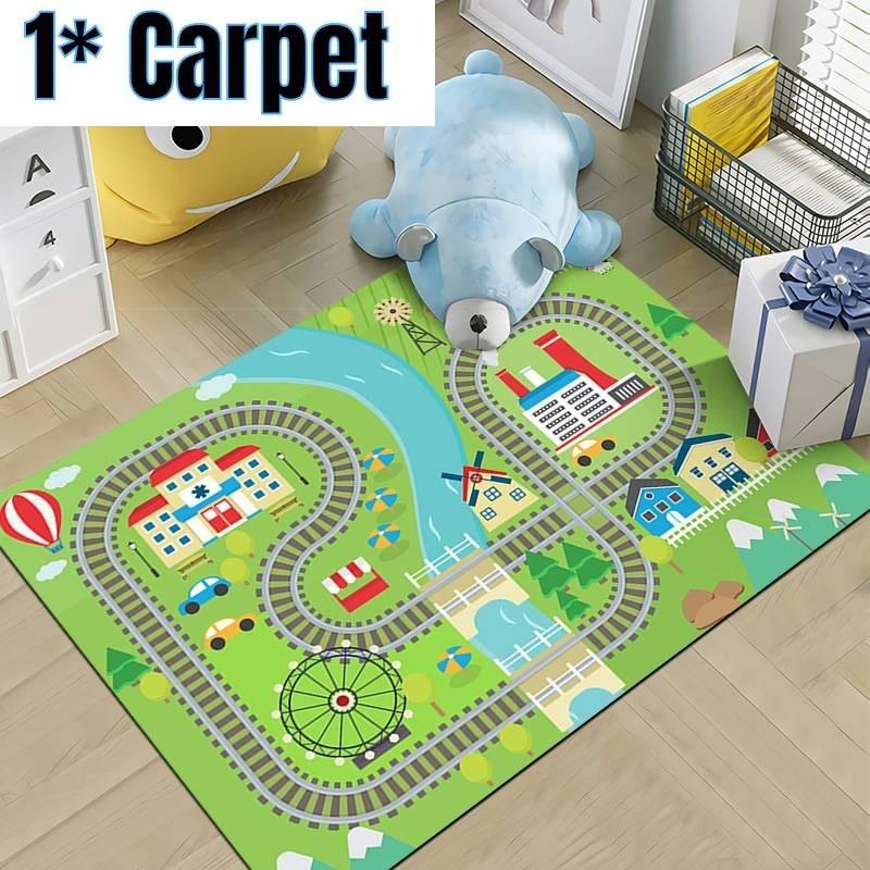Vibrant Cartoon Road Game Carpet For Infants And Toddlers Comfortable And Washable Polyester Mat For Playroom Or Bedroom
