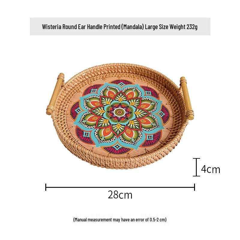 Nordische Handgefertigte Rattan Gewebte Florale Print Runde Griff Frühstückstablett